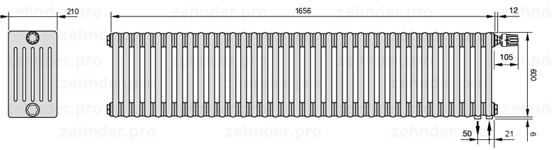 Схема (чертеж) Радиатор Zehnder Charleston 6060/36 №V002 Белый глянцевый RAL 9016